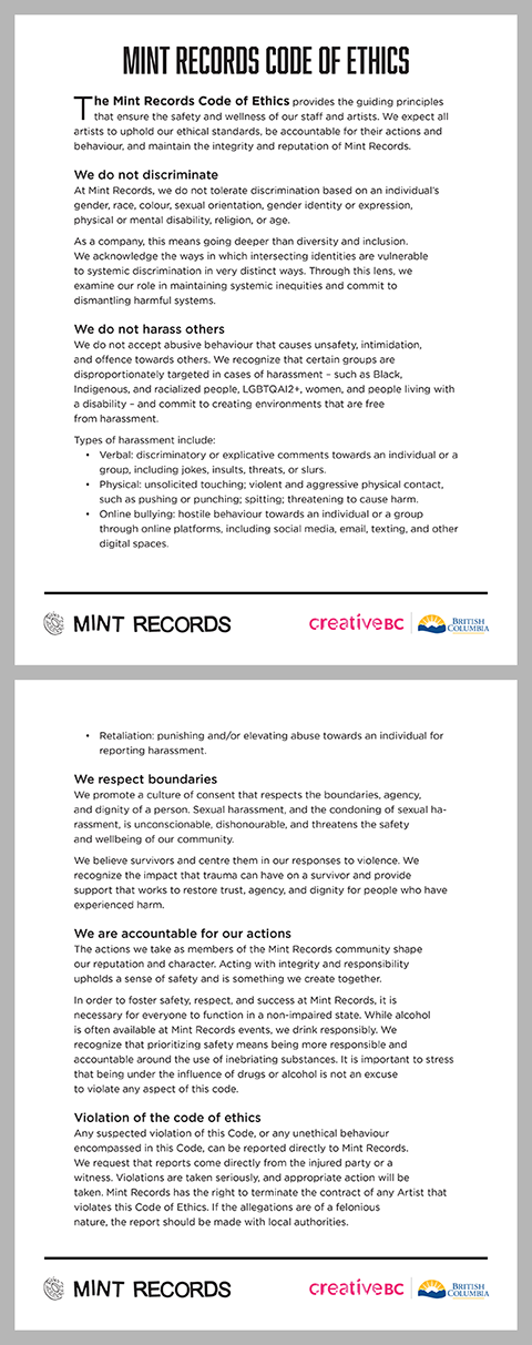 Mint Records Code of Ethics pages 1 and 2