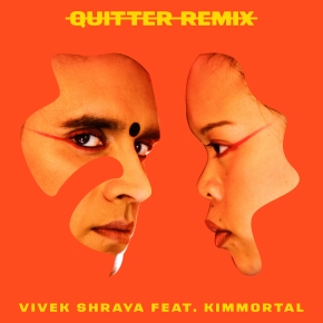 quitter remix artwork with kimmortal and vivek shraya's faces in side profile facing each other on a bright red background with yellow text